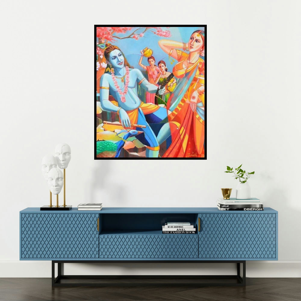 Tamali Das's 'Gopinath 2' painting visualized above a sofa in a contemporary room.