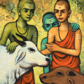 Religious acrylic painting titled 'Goshala', 48x36 inches, by artist Shankar Devarukhe on Canvas