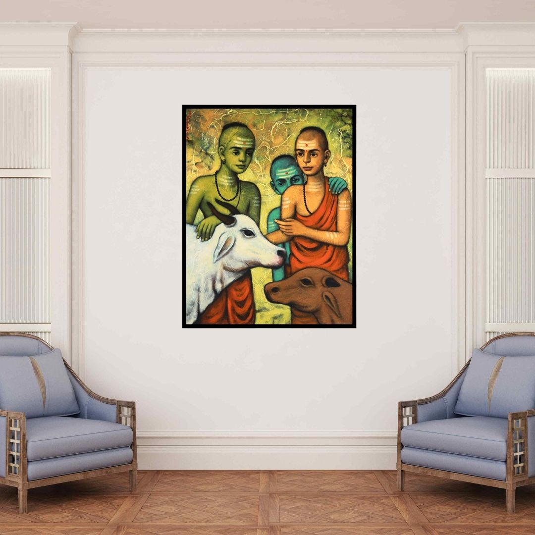 In-situ view of Shankar Devarukhe's 'Goshala' painting in a room