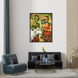 Preview of 'Goshala' Painting by Shankar Devarukhe shown on a wall in a furnished room.