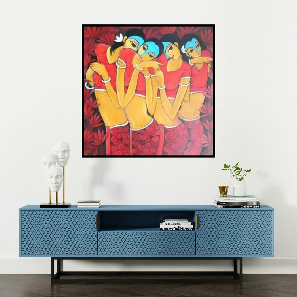 'Gossip (Whispers of the Garden)' painting by Pallavi Walunj shown on a wall in a furnished room.
