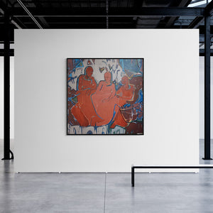 Sameer Dixit's painting 'Gossip (A Moment of Reflection)' displayed in a modern living room setting