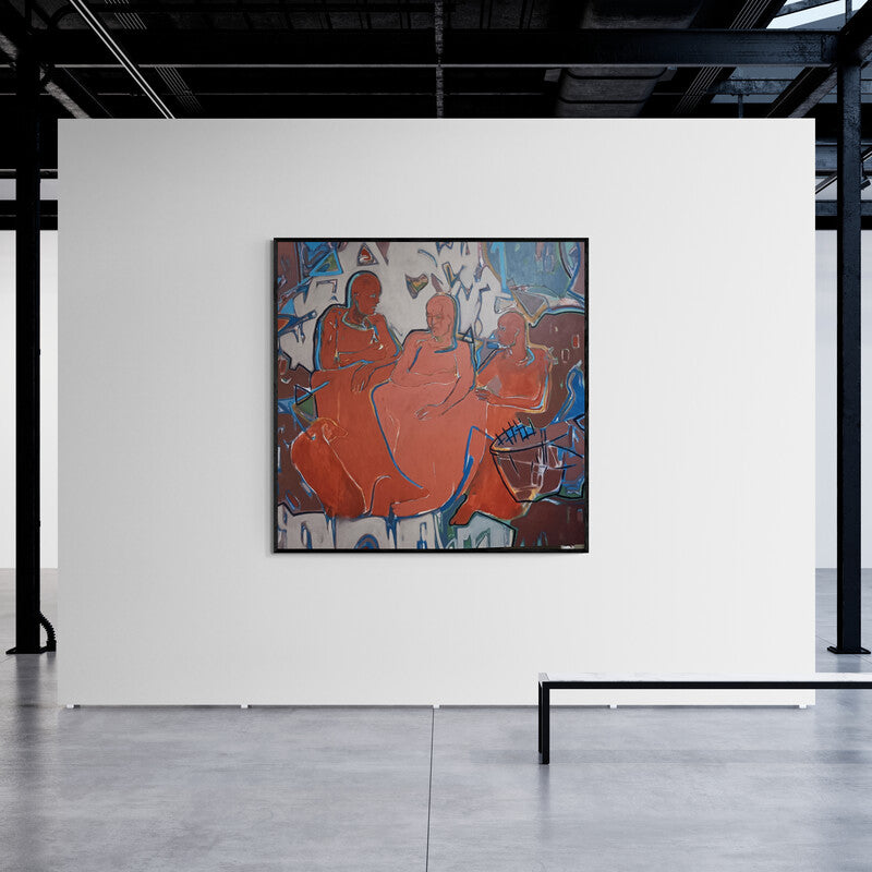 Sameer Dixit's painting 'Gossip (A Moment of Reflection)' displayed in a modern living room setting