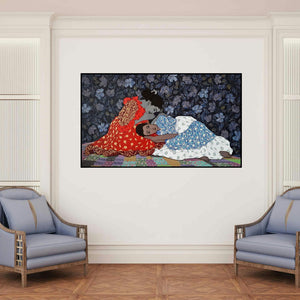 'Gossip' painting by Monica Ghule shown on a wall in a furnished room.