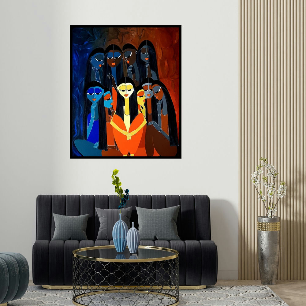 'Gossip (Women in Conversation)' painting by Rangoli Garg shown on a wall in a furnished room.