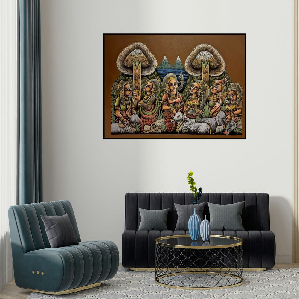 Jitendra Dangi's 'Gossip Girls (Pastoral Harmony)' painting visualized above a sofa in a contemporary room.