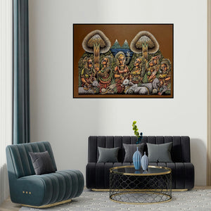 Jitendra Dangi's 'Gossip Girls (Pastoral Harmony)' painting visualized above a sofa in a contemporary room.