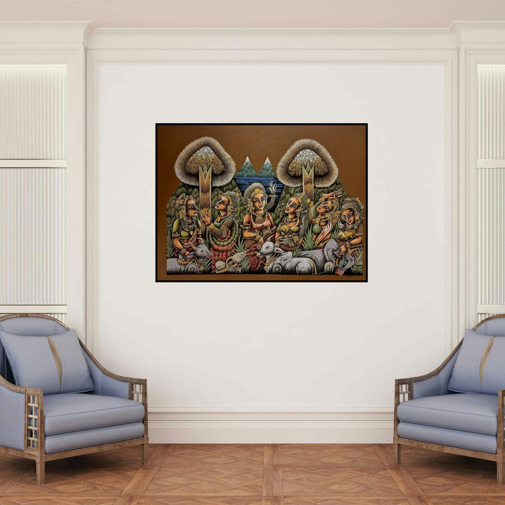 'Gossip Girls (Pastoral Harmony)' painting by Jitendra Dangi shown on a wall in a furnished room.