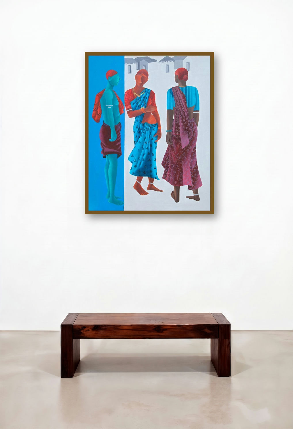 Gossip Time (Three Women) by artist Abhiram Bairu displayed in a Japandi Family Room