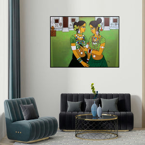 Gajraj Chavan's 'Gossiping (Peaceful Serenity)' painting visualized above a sofa in a contemporary room.