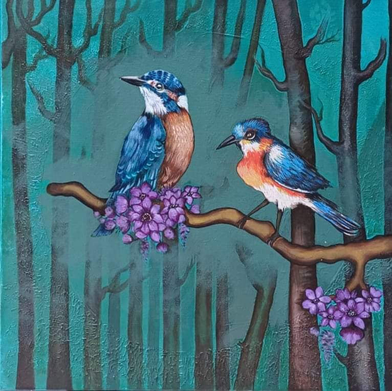 Gossiping' animals acrylic painting by artist Shyamali Paul, 24x24 inch, on canvas