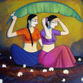 Figurative acrylic painting titled 'Gossiping Girls', 42x54 inches, by artist Pravin Utge on Canvas