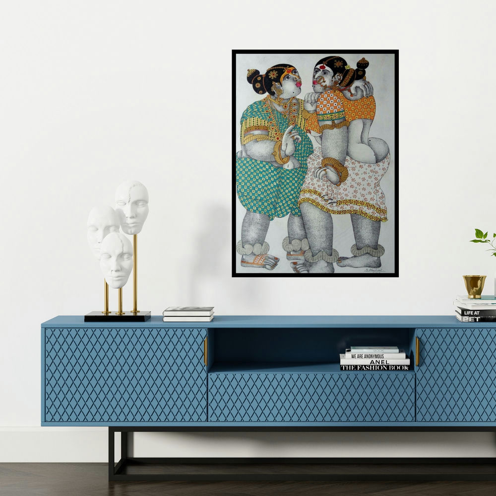 'Gossiping Women 1 (A Moment Shared)' painting by Bhawandla Narahari shown on a wall in a furnished room.