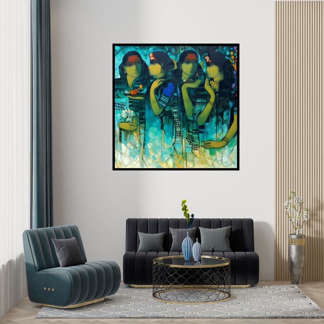 Preview of 'Gossiping Women 2' Painting by Sachin Sagare shown on a wall in a furnished room.