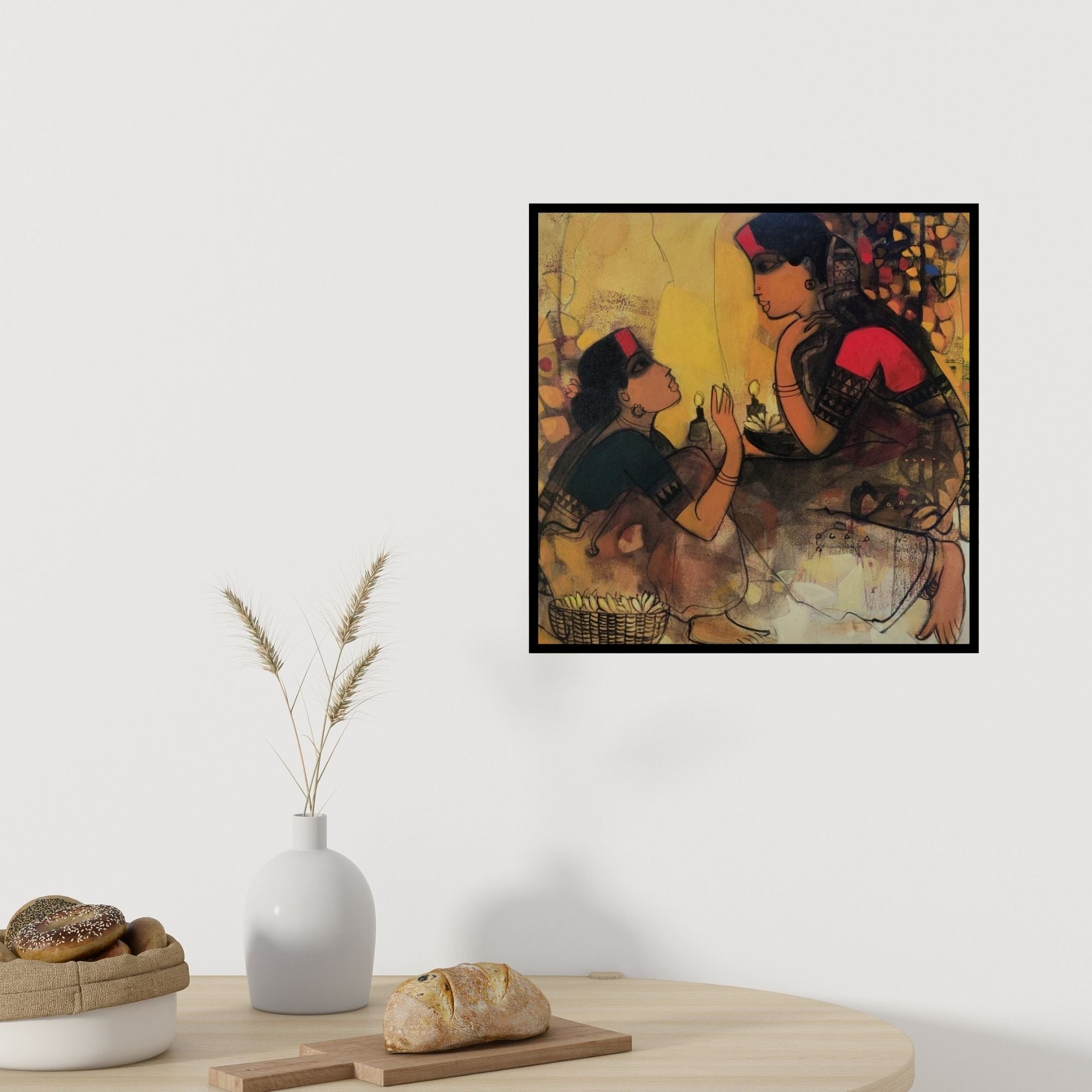 In-situ view of Sachin Sagare's 'Gossiping Women 3' painting in a room