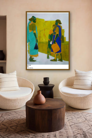 Gossiping Women I by artist Tailor Srinivas displayed in a Contemporary gallery
