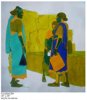Gossiping Women I by Tailor Srinivas, Original Acrylic Figurative Painting on Canvas, Medium Vertical Wall Art
