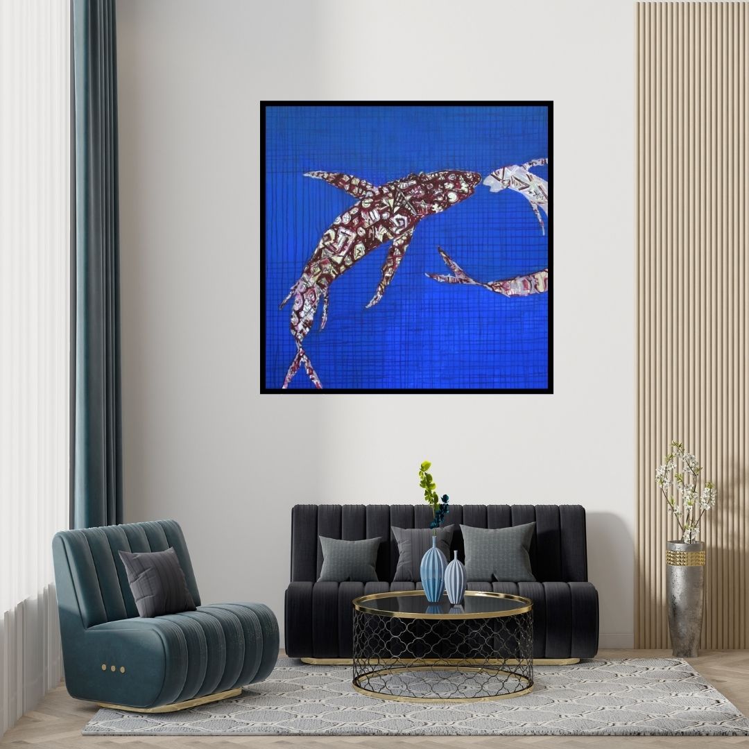 Preview of 'Gossipping 2 (Deep Sea Dance)' Painting by Dhananjay Takalikar shown on a wall in a furnished room.