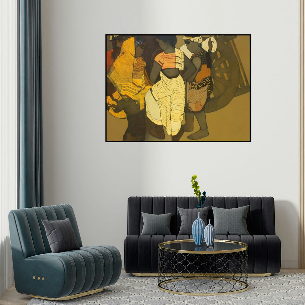 Siddharth Shingade's 'Gossipping' painting visualized above a sofa in a contemporary room.