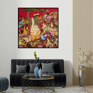Siddharth Shingade's 'Govardan Series (Krishna Lifting Govardhan Hill)' painting visualized above a sofa in a contemporary room.