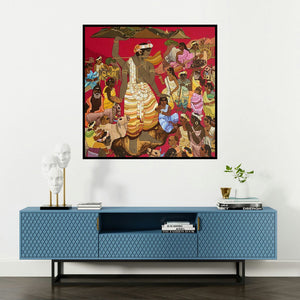'Govardan Series (Krishna Lifting Govardhan Hill)' painting by Siddharth Shingade shown on a wall in a furnished room.