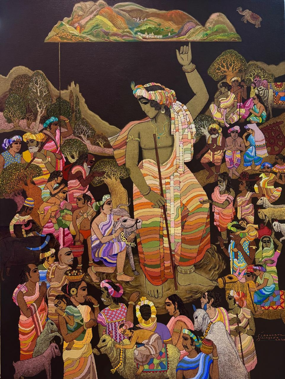 Govardhan 3' religious acrylic painting by artist Siddharth Shingade, 48x36 inch, on canvas