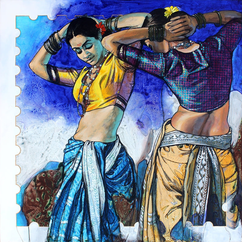 The Graceful Mirror' figurative acrylic painting by artist Ramchandra S Kharatmal, 30x30 inch, on canvas