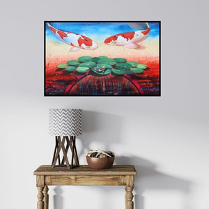 In-situ view of Bikash Mohanta's 'Gracious Living (Koi Pond)' painting in a room