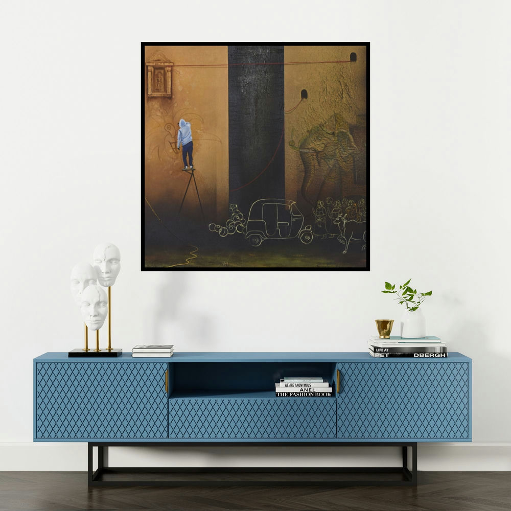 'Graffiti In Mewar (The Evolving Cityscape)' painting by Nirmal Yadav shown on a wall in a furnished room.