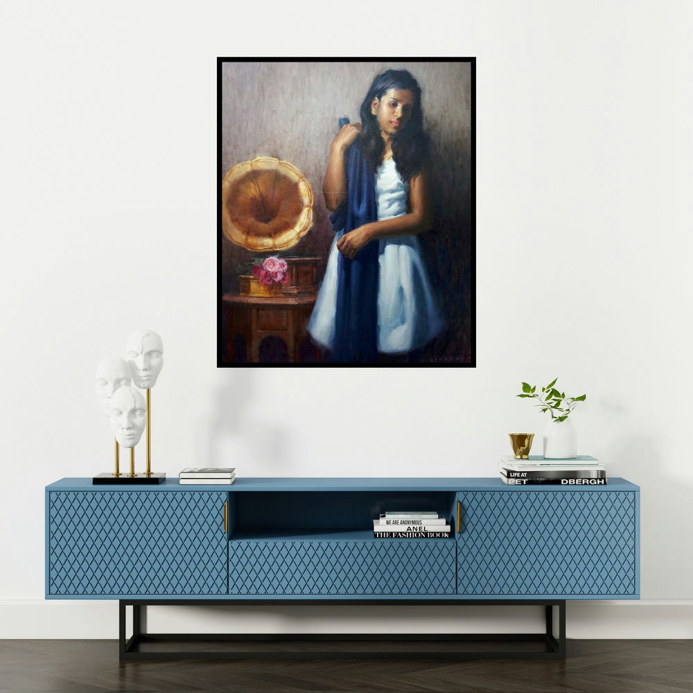 Siddharth Gavade's 'Gramaphone Melody' painting visualized above a sofa in a contemporary room.