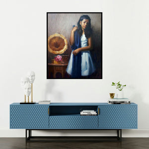 Siddharth Gavade's 'Gramaphone Melody' painting visualized above a sofa in a contemporary room.