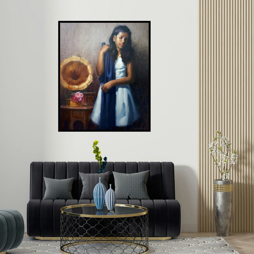 'Gramaphone Melody' painting by Siddharth Gavade shown on a wall in a furnished room.