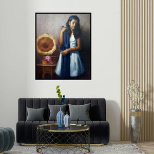 'Gramaphone Melody' painting by Siddharth Gavade shown on a wall in a furnished room.