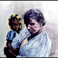 Figurative watercolor painting titled 'Grand Mother Love 2', 15x11 inches, by artist SRV ARTIST on Handmade Paper