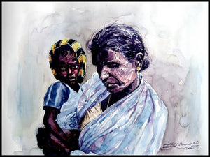 Grand Mother Love 2 by Srv Artist, Original Watercolor Figurative Painting on Handmade Paper, Small Horizontal Wall Art