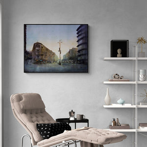 Preview of 'Grantroad Nanachowak (Cityscape at Dusk)' Painting by Swapnil Mhapankar shown on a wall in a furnished room.