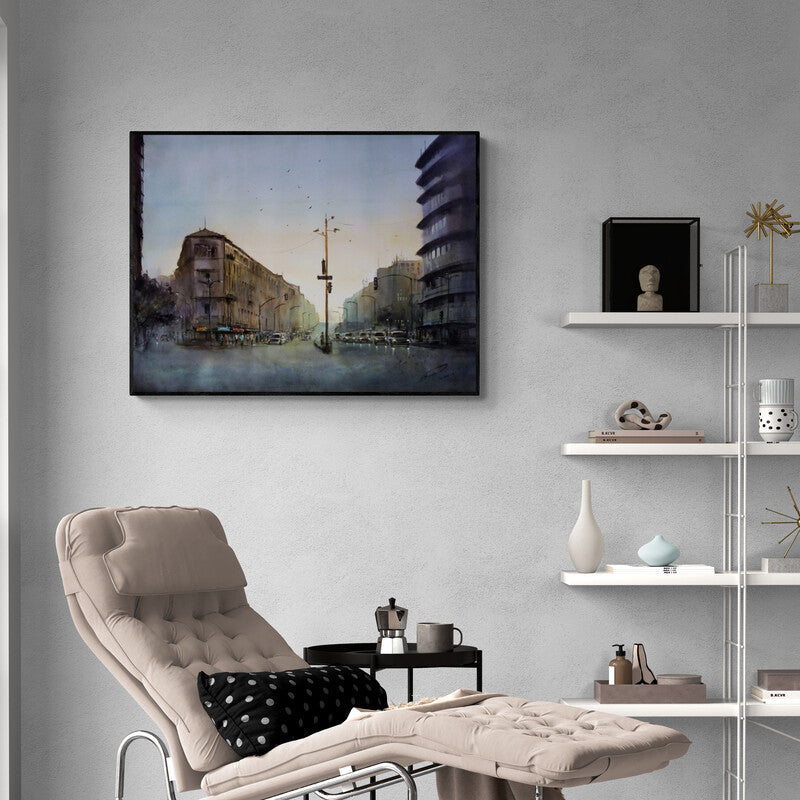 Preview of 'Grantroad Nanachowak (Cityscape at Dusk)' Painting by Swapnil Mhapankar shown on a wall in a furnished room.