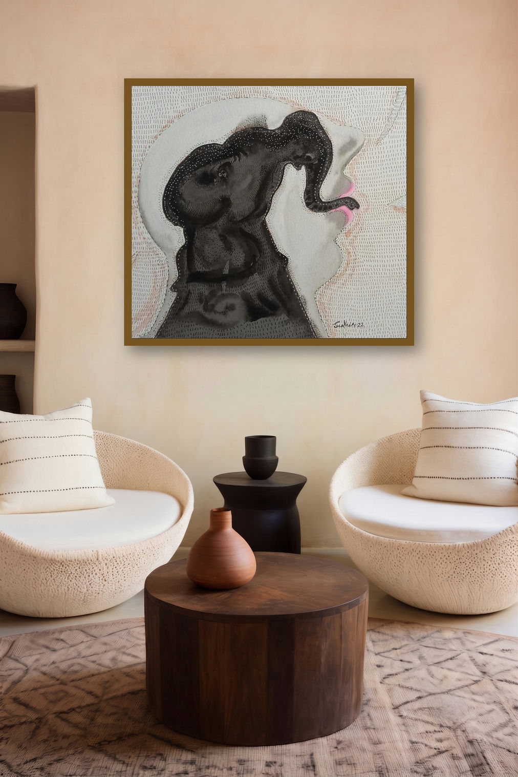 Grapple 1 (Elephantine Transformation) by artist Sudhir Shukla displayed in a Modern gallery