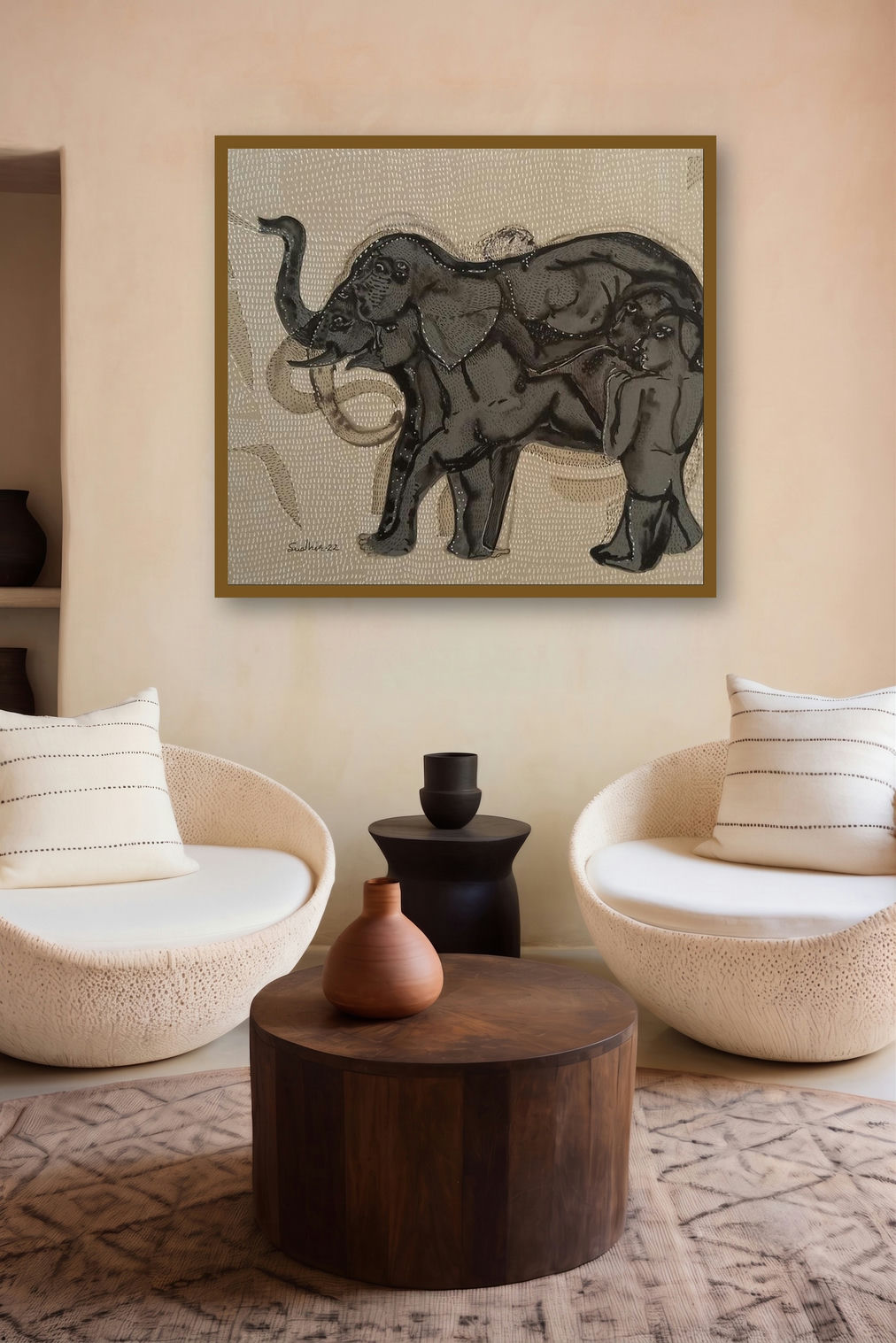 Grapple 2 (Elephant and Woman) by artist Sudhir Shukla displayed in a Luxury gallery