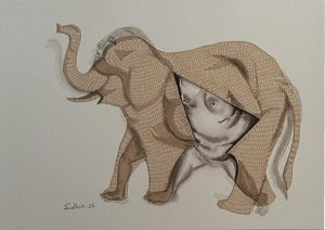 Grapple 5 (Elephantine Transformation) by Sudhir Shukla, Original Mixed Media Animal Painting on Paper, X-Small Horizontal Wall Art