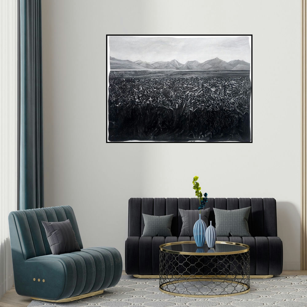 Manish Sharma's 'Grasslands (The Weight of the Land)' painting visualized above a sofa in a contemporary room.