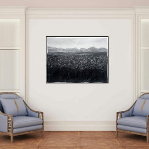 'Grasslands (The Weight of the Land)' painting by Manish Sharma shown on a wall in a furnished room.