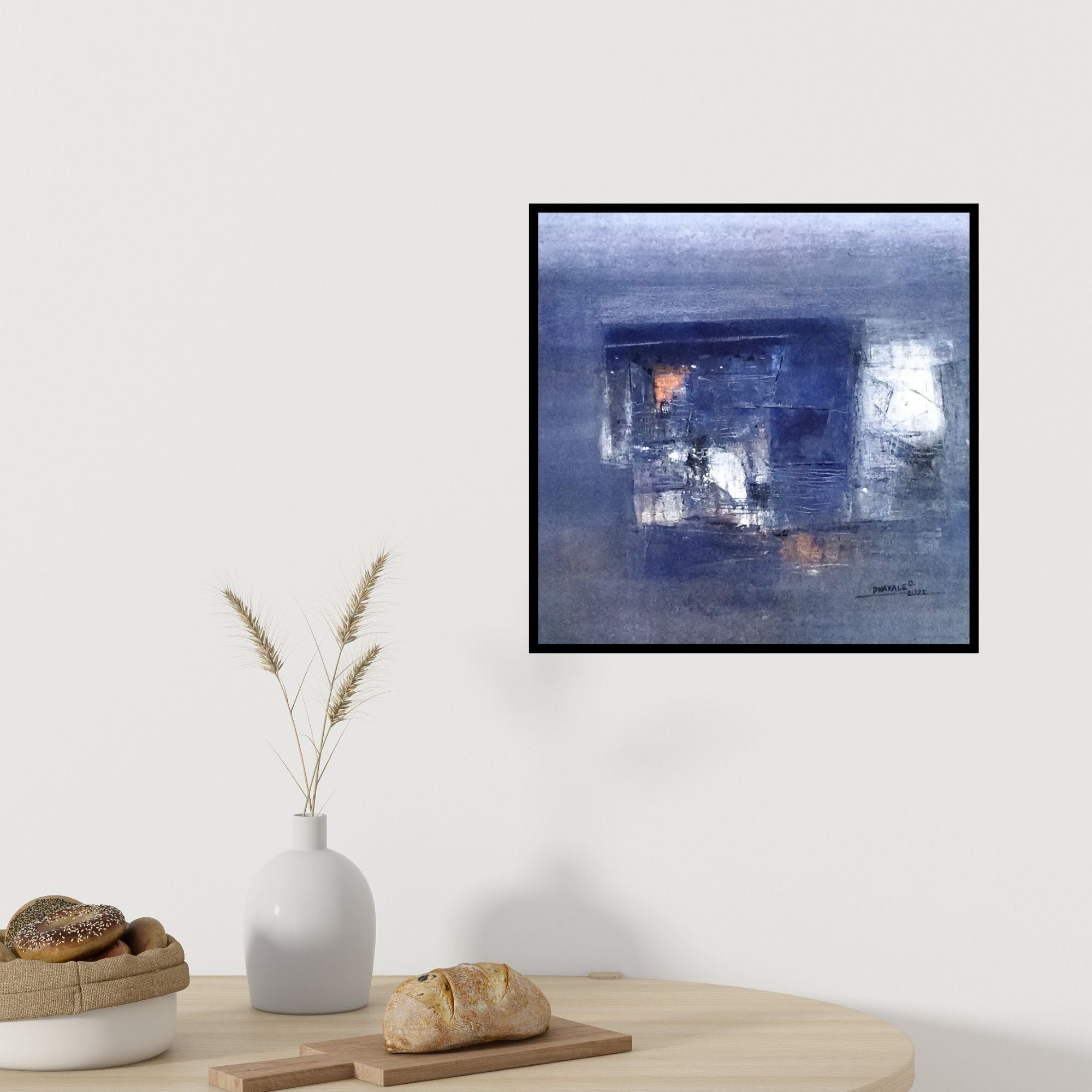 In-situ view of Dnyaneshwar Dhavale's 'Gray Untitled (Oceanic Depths**)' painting in a room