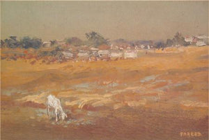 Grazing Goat by Fareed Ahmed, Original Oil Landscape Painting on Canvas Board, X-Small Horizontal Wall Art