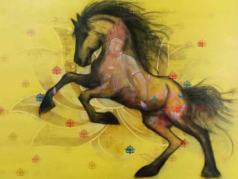 The Great Departure' contemporary acrylic-charcoal painting by artist Yashpal Nandgaonkar, 36x48 inch, on canvas