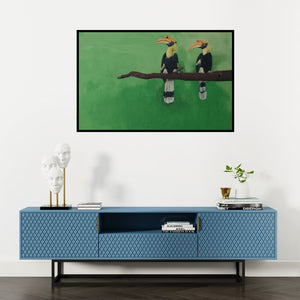 Preview of 'Great Indian Hornbills (A Majestic Duo)' Painting by Yashodan Heblekar shown on a wall in a furnished room.