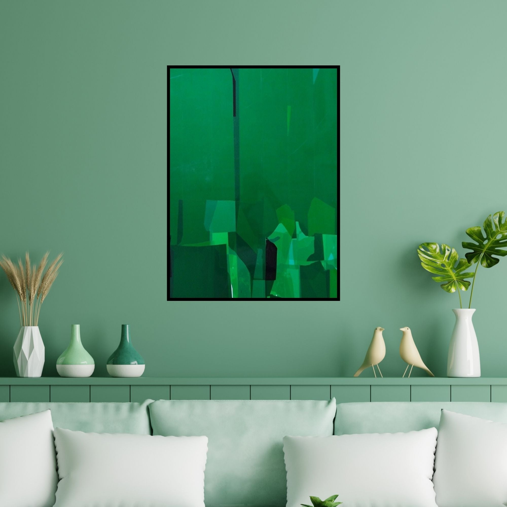 Preview of 'Green (Verdant Enigma**)' Painting by Gajanan Kabade shown on a wall in a furnished room.