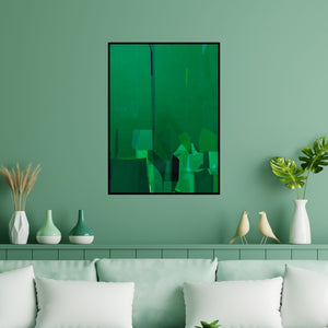 Preview of 'Green (Verdant Enigma**)' Painting by Gajanan Kabade shown on a wall in a furnished room.