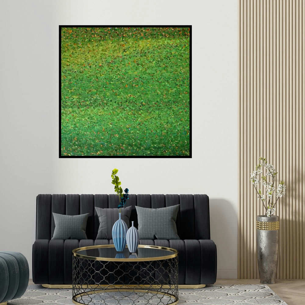 Vinit Kumar's 'Green Abstract (Emerald Dream)' painting visualized above a sofa in a contemporary room.