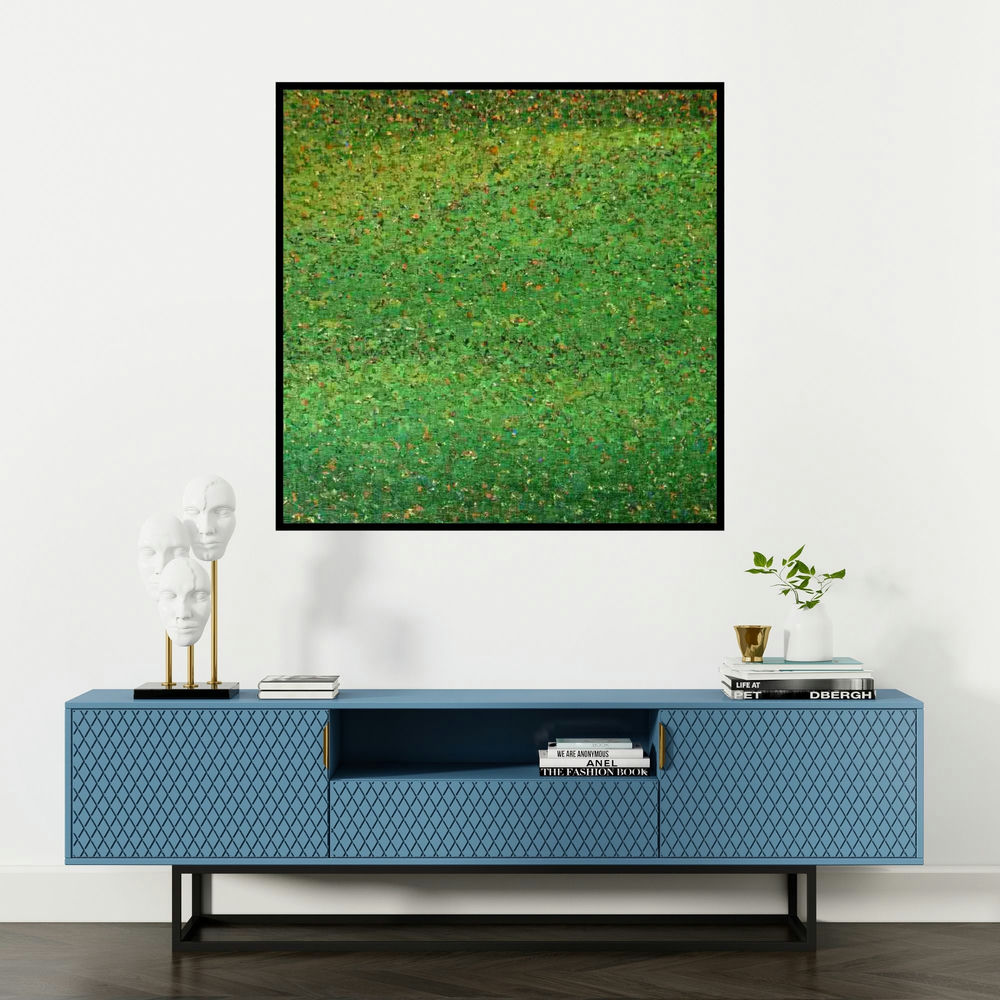 'Green Abstract (Emerald Dream)' painting by Vinit Kumar shown on a wall in a furnished room.